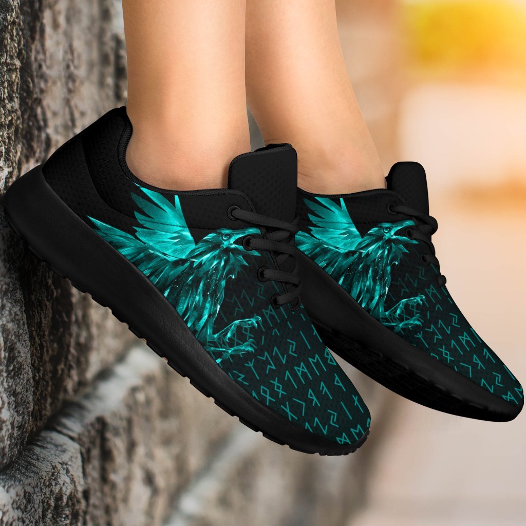 Viking Sporty Sneakers - The Raven Of Odin Rune Cyan RLT12