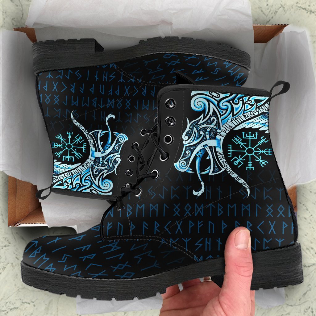 Viking Leather Boots, Fenrir Raven and Vegvisir Tattoo Cyan RLT12