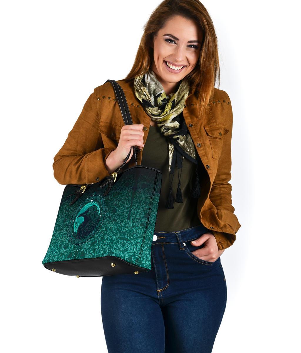 Viking Small Leather Tote Bag, Ethnic Odin Raven Cyan RLT12