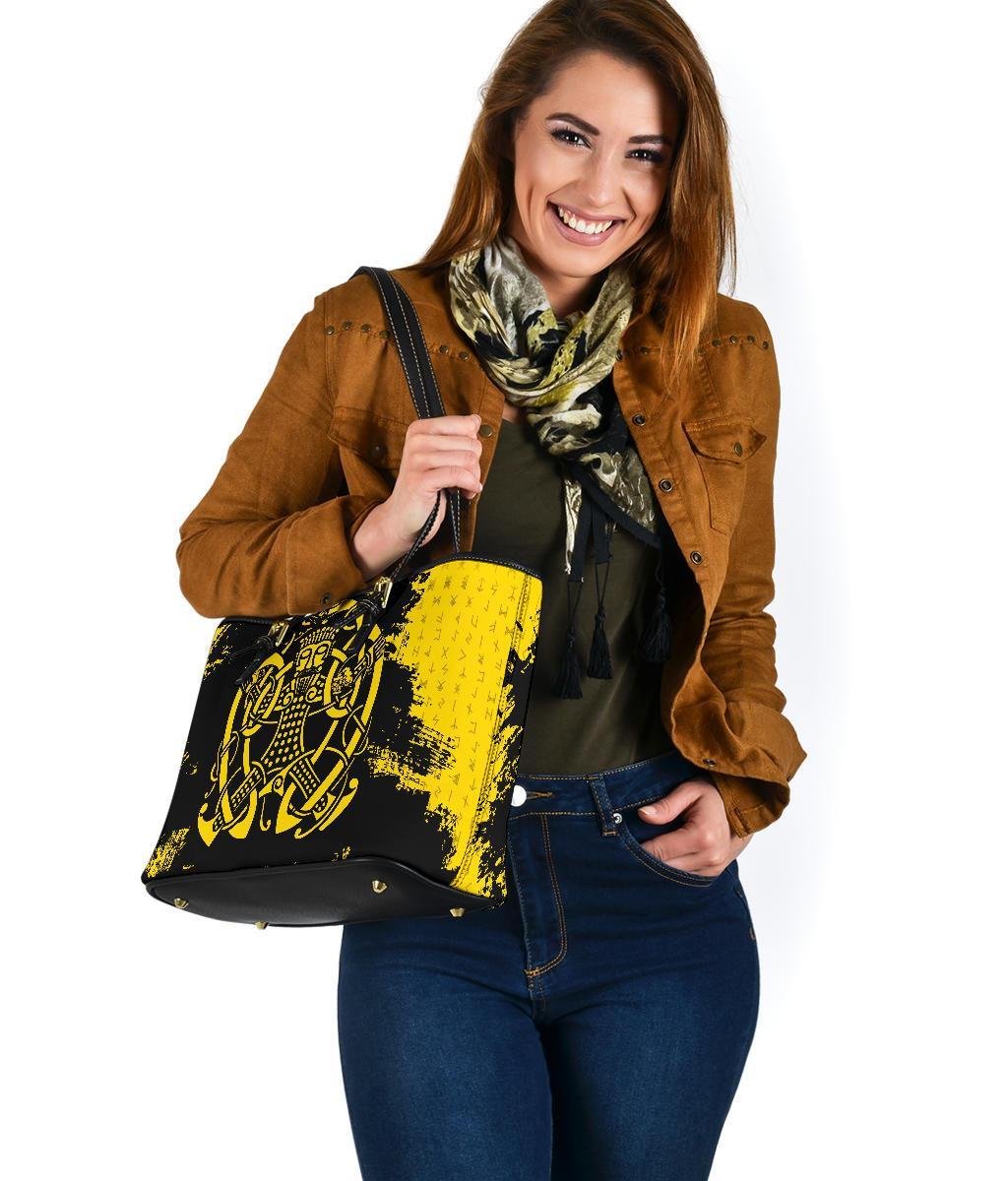 Viking Small Leather Tote Bag, Loki Bound Triskele Rune Gold RLT12