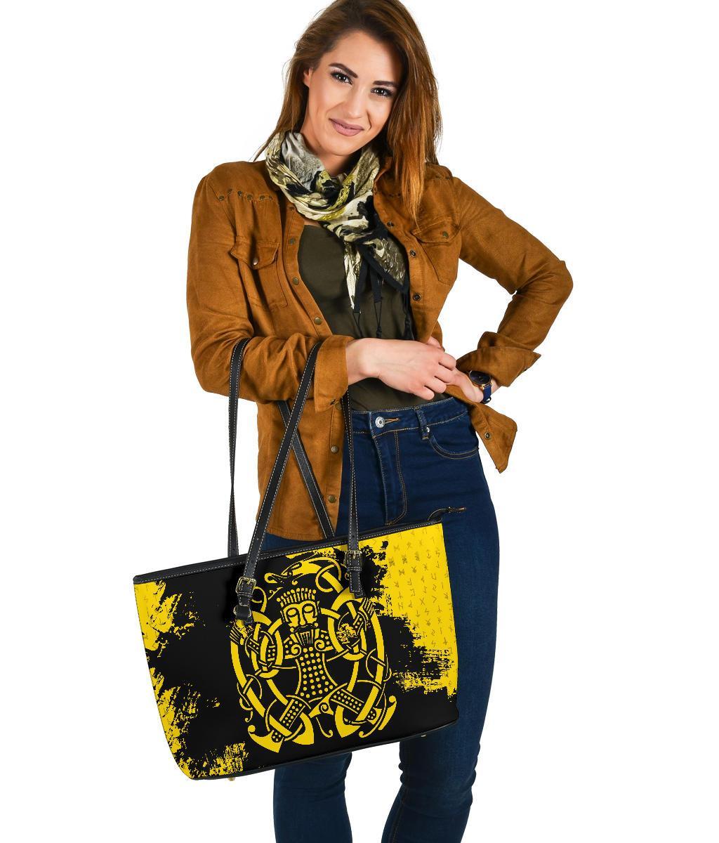Viking Large Leather Tote Bag, Loki Bound Triskele Rune Gold RLT12