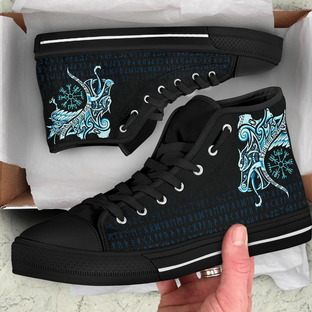 Viking High Top Shoes, Fenrir Raven and Vegvisir Tattoo Cyan RLT12