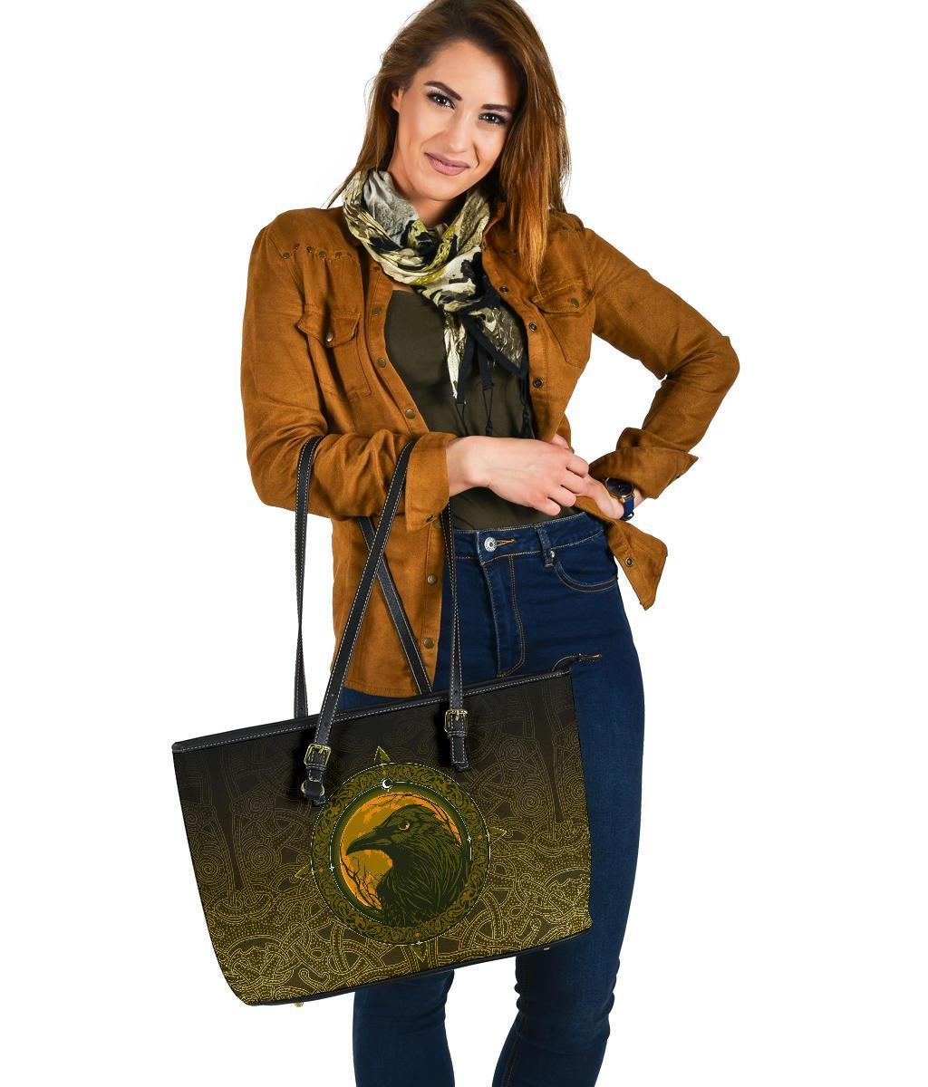 Viking Large Leather Tote Bag, Ethnic Odin Raven Gold RLT12