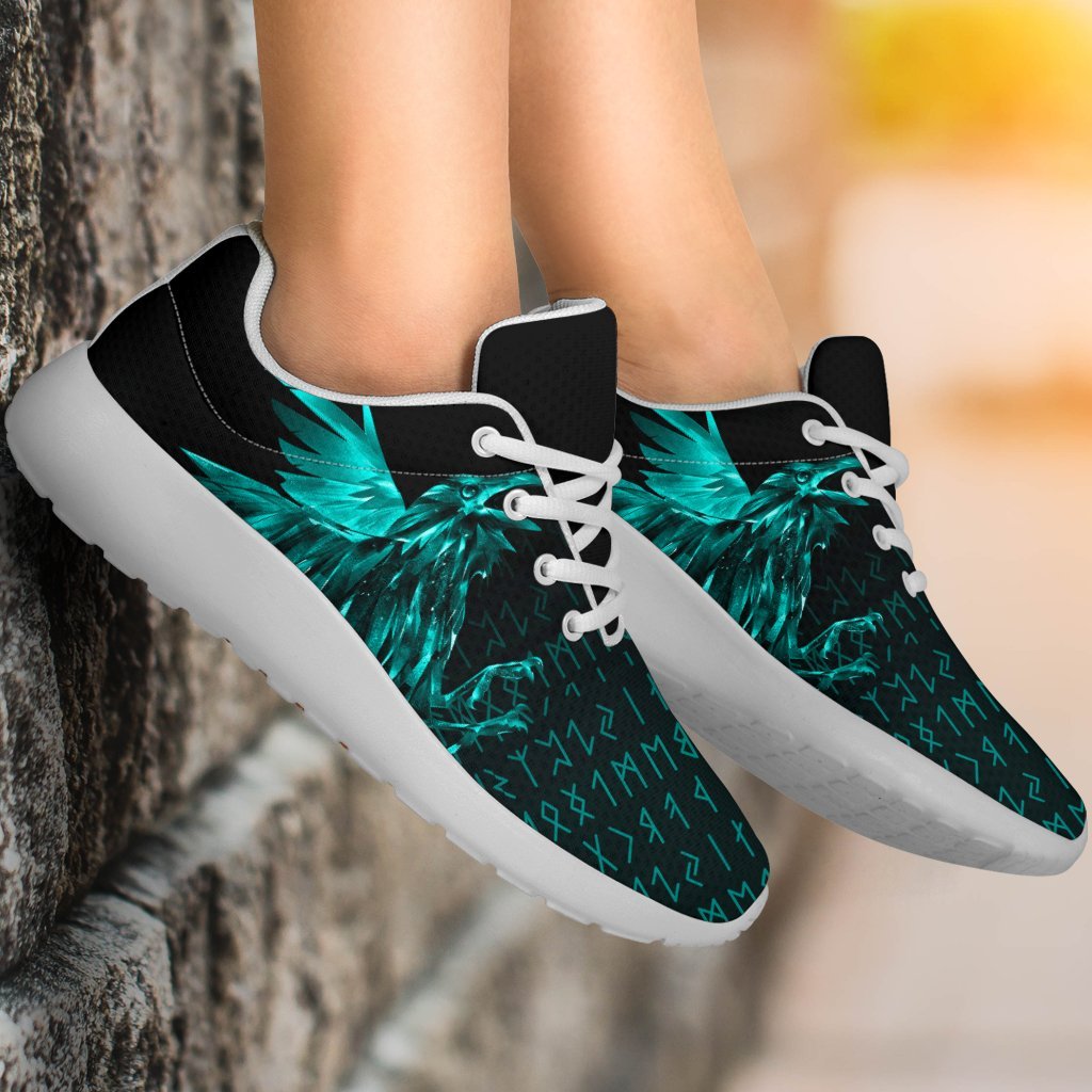 Viking Sporty Sneakers - The Raven Of Odin Rune Cyan RLT12