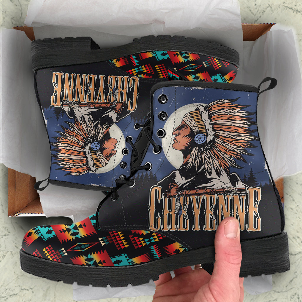 Chief Black Native Tribes Pattern Native American Leather Boot LT10