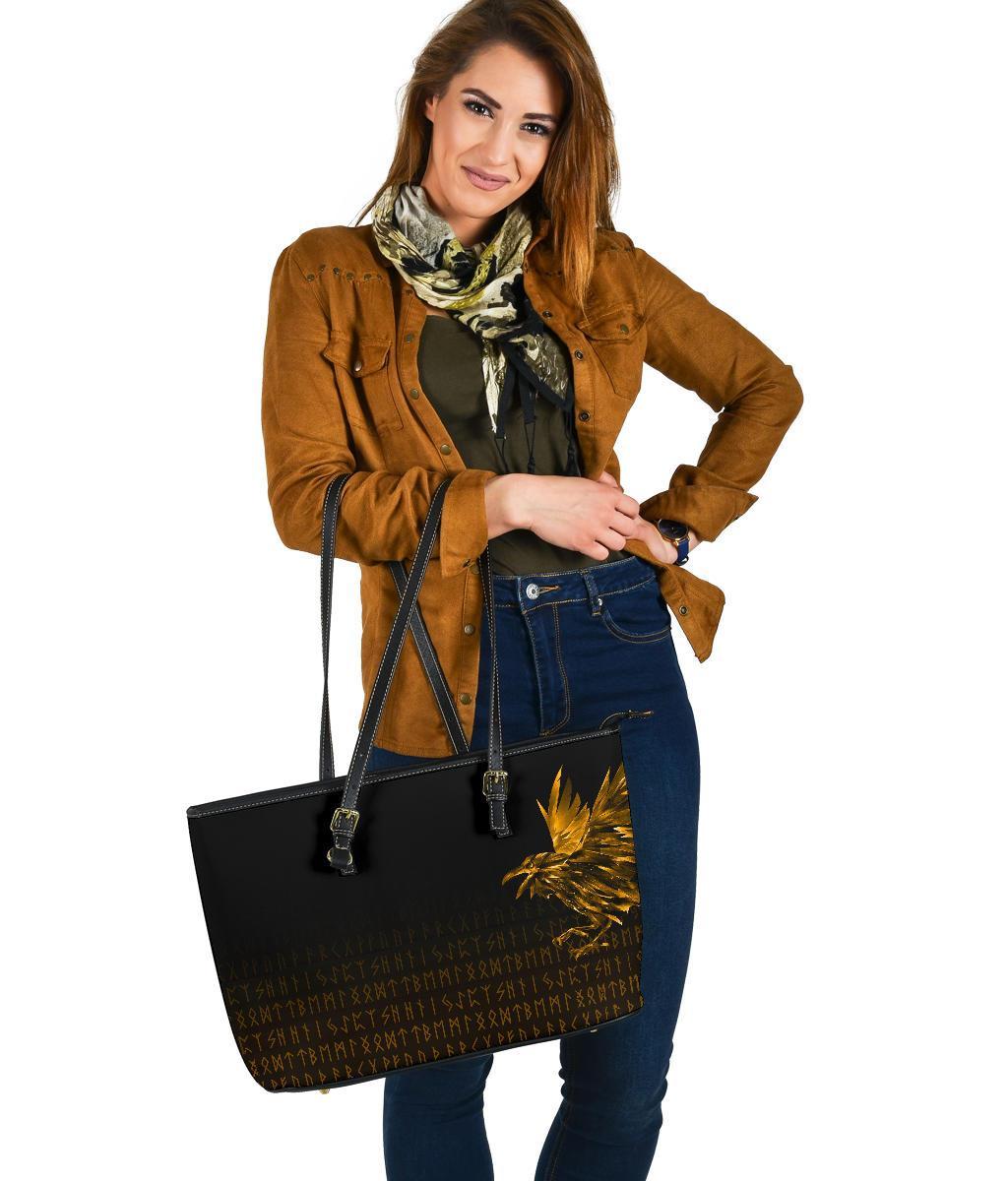 Viking Large Leather Tote Bag The Raven Of Odin Rune, Gold RLT12
