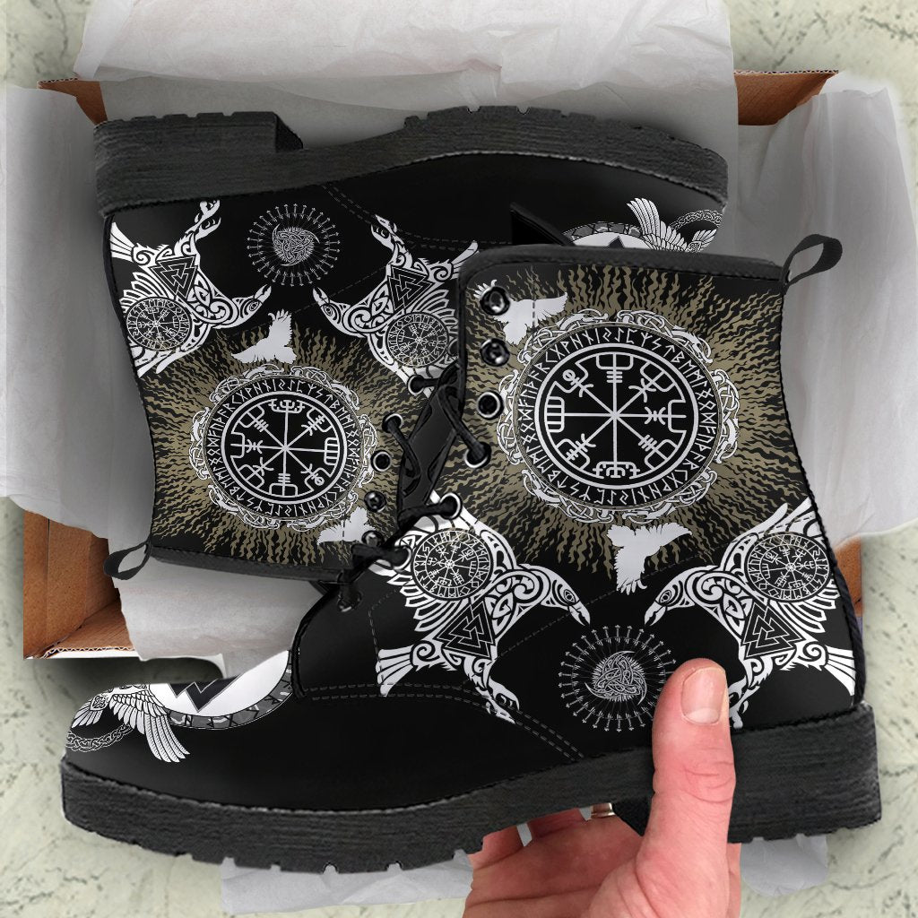 Viking Leather Boots Raven, Valknut and Vegvisir RLT12