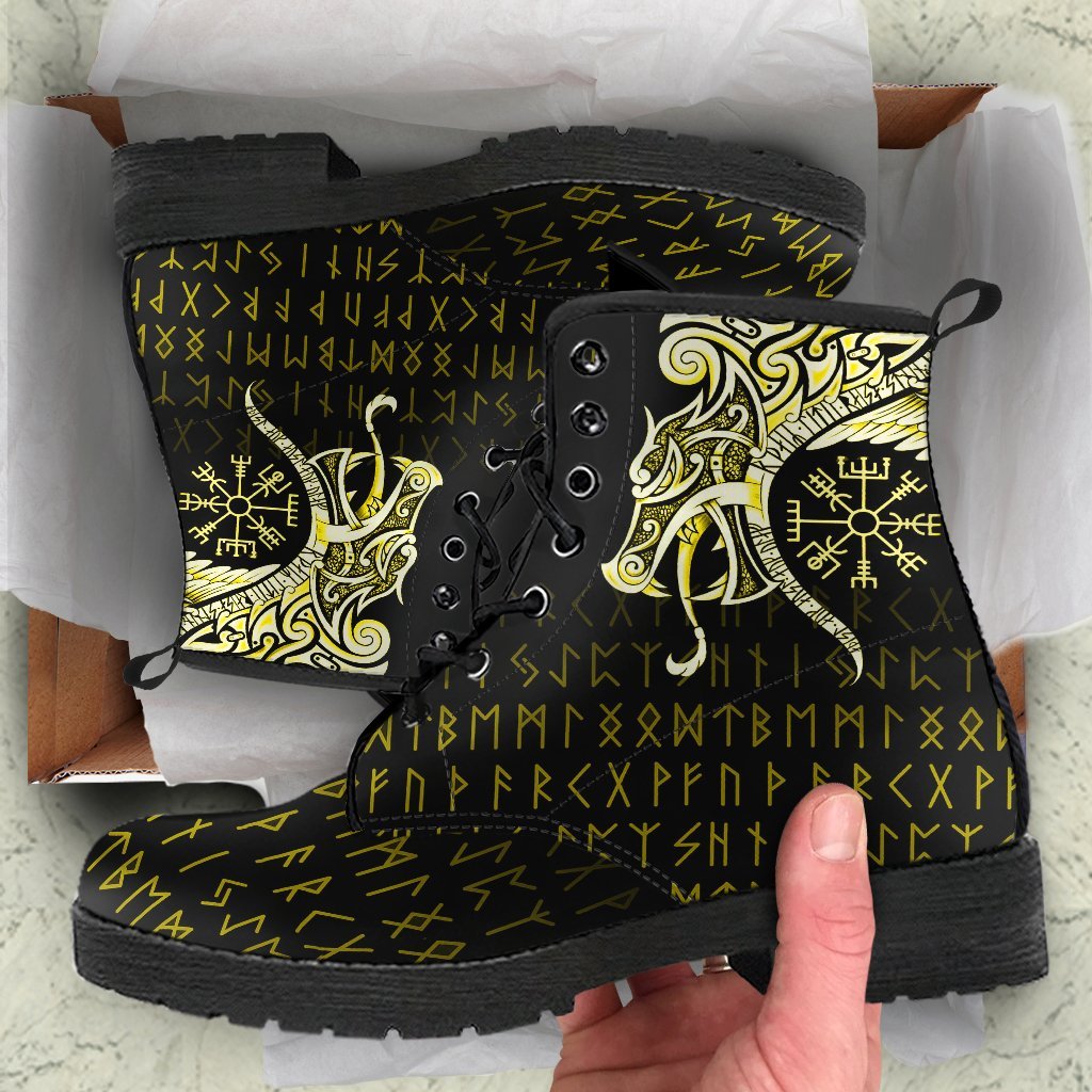 Viking Leather Boots, Fenrir Raven and Vegvisir Tattoo Yellow RLT12