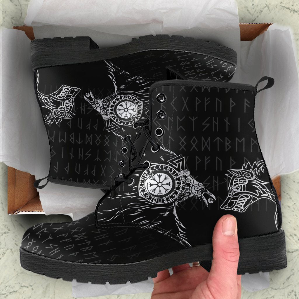 Viking Leather Boots Raven and Wolf Special Tattoo RLT12