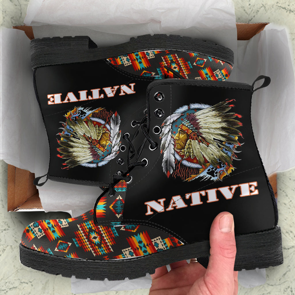 Black Pattern Native American Leather Boots LT10