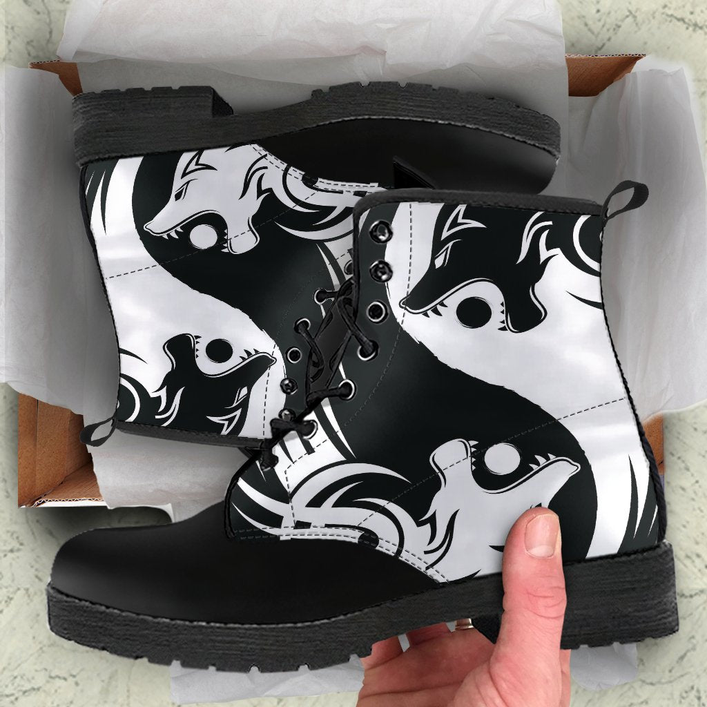 Viking Bomber Leather Boots Ying Yang Wolf RLT12