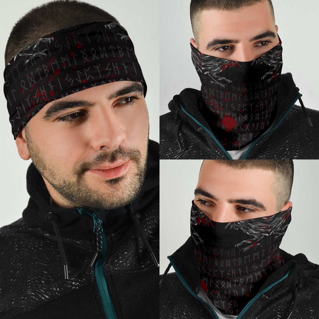 Viking Neck Gaiter - Odin Huginn and Muninn Rune Blood RLT12