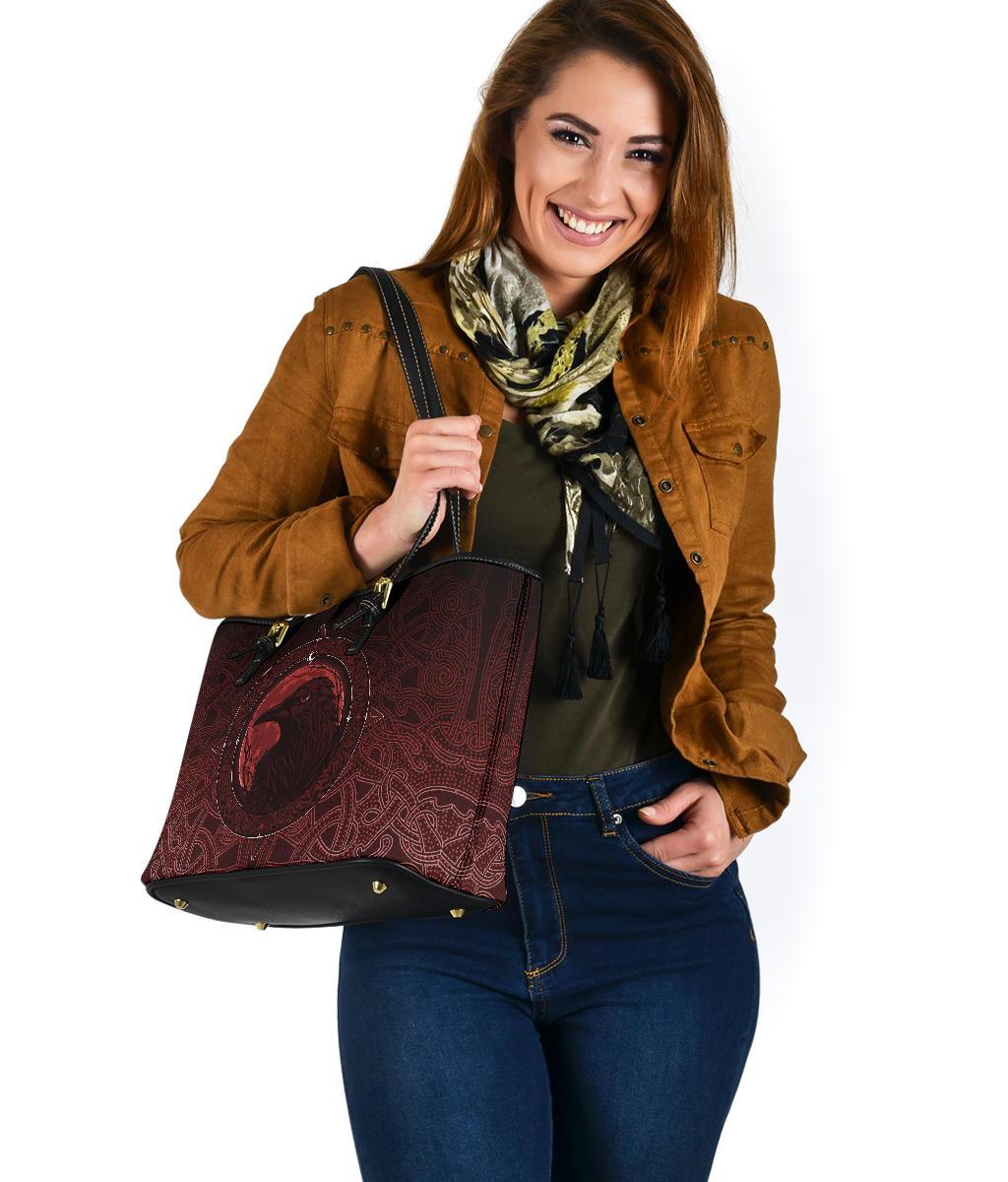 Viking Small Leather Tote Bag, Ethnic Odin Raven Red RLT12