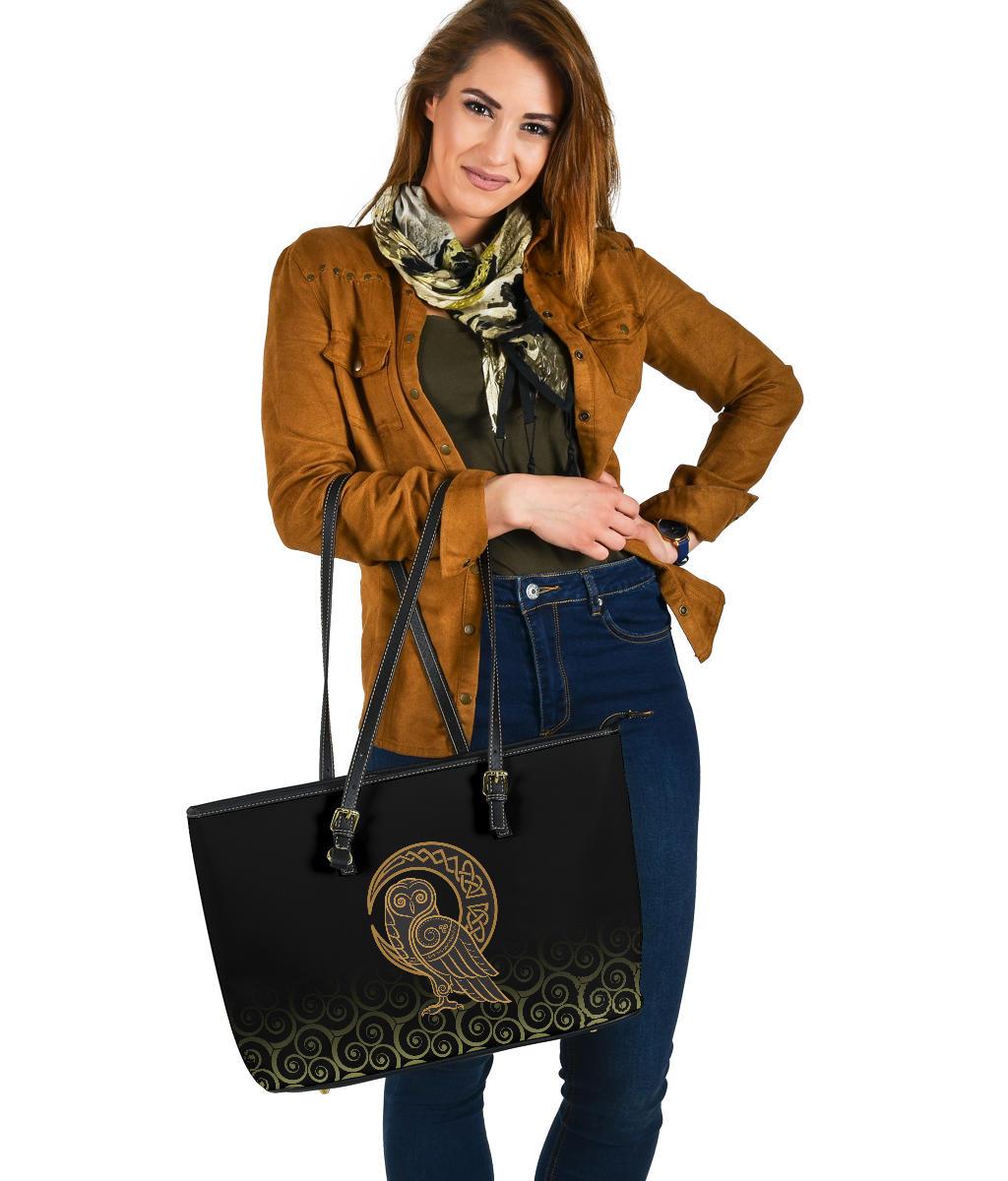 Viking Large Leather Tote Owl Celtic On Triskels Background RLT12