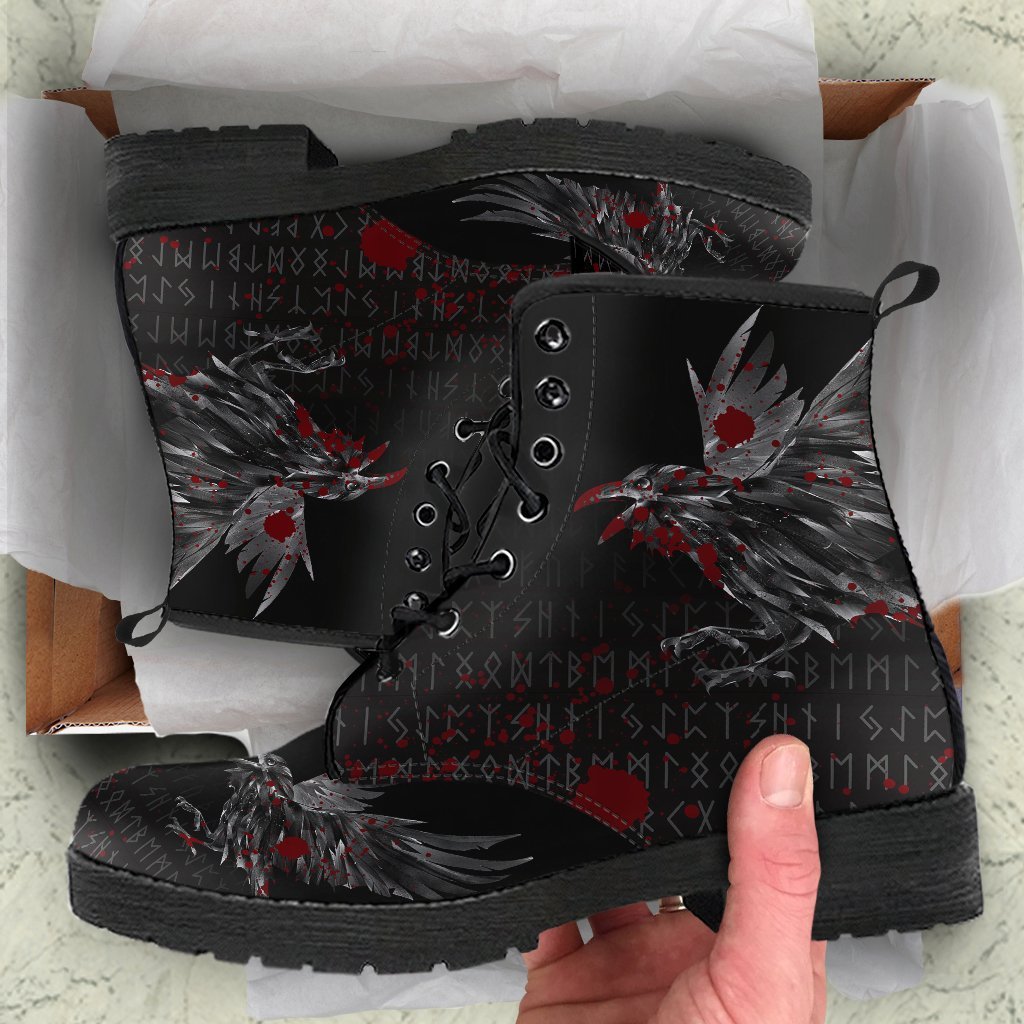 Viking Leather Boots Odin Huginn and Muninn Rune Blood RLT12