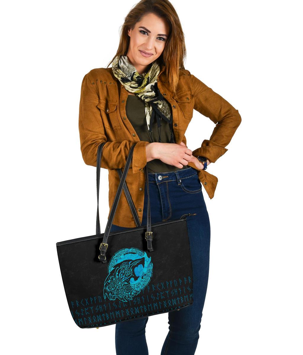 Viking Large Leather Tote Fenrir Wolf Cyan RLT12