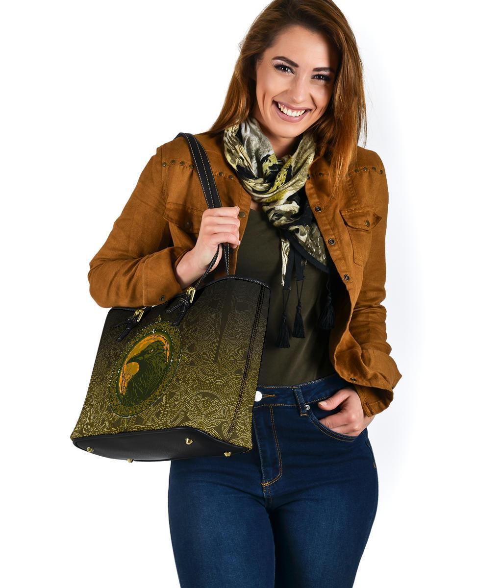 Viking Small Leather Tote Bag, Ethnic Odin Raven Gold RLT12