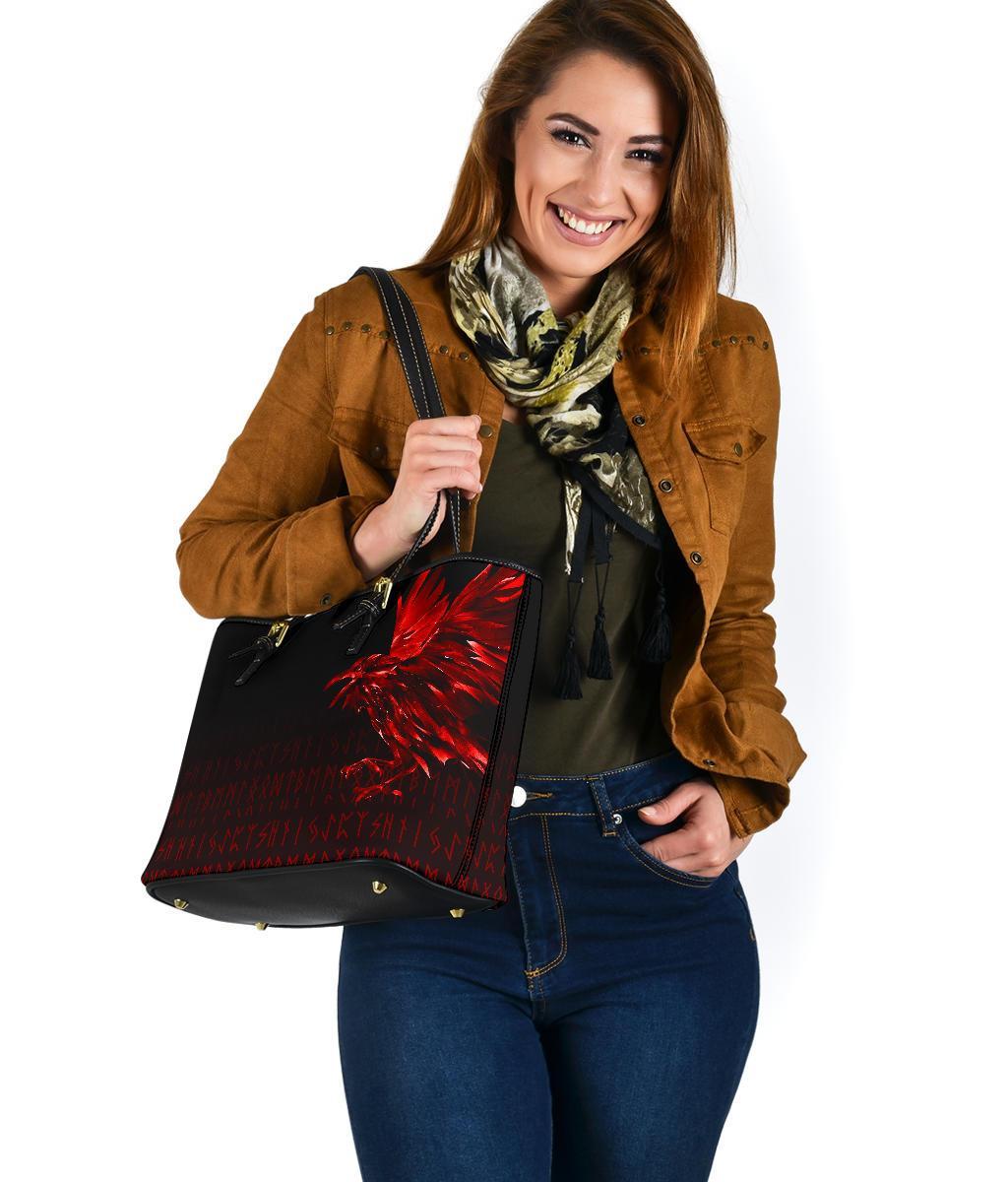 Viking Small Leather Tote Bag - The Raven Of Odin Rune, Red RLT12