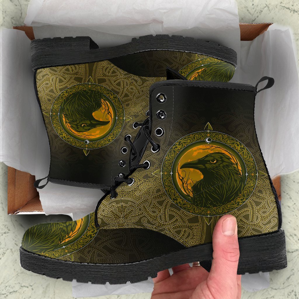 Viking Leather Boots, Ethnic Odin Raven Gold RLT12
