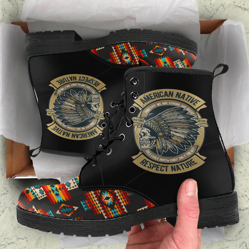 Skull Black Pattern Native American Leather Boots LT10
