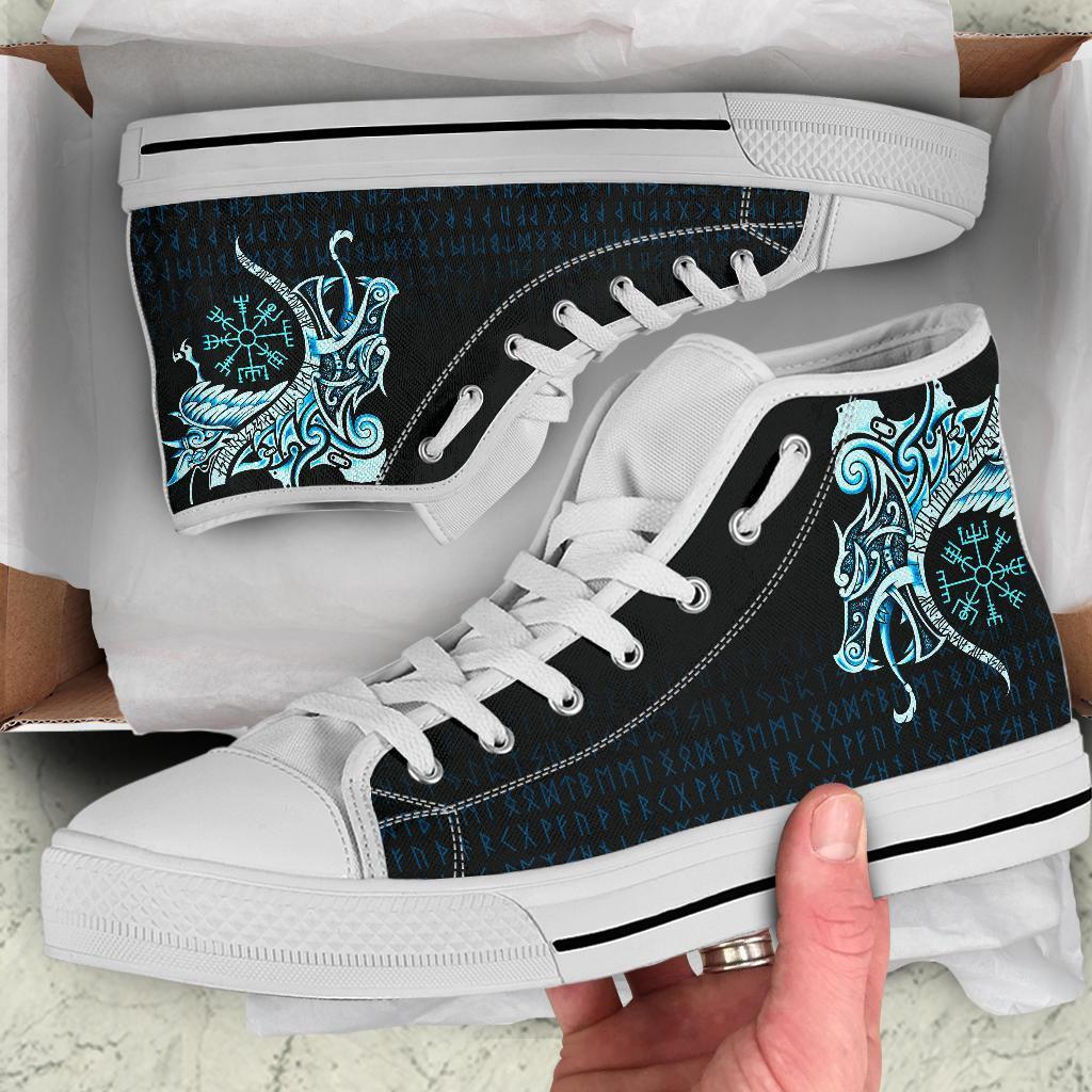 Viking High Top Shoes, Fenrir Raven and Vegvisir Tattoo Cyan RLT12