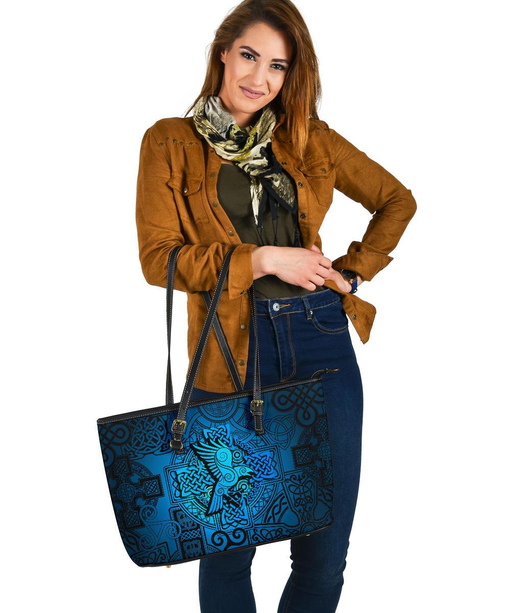 Viking Large Leather Tote Raven Odin Celtic Cyan RLT12