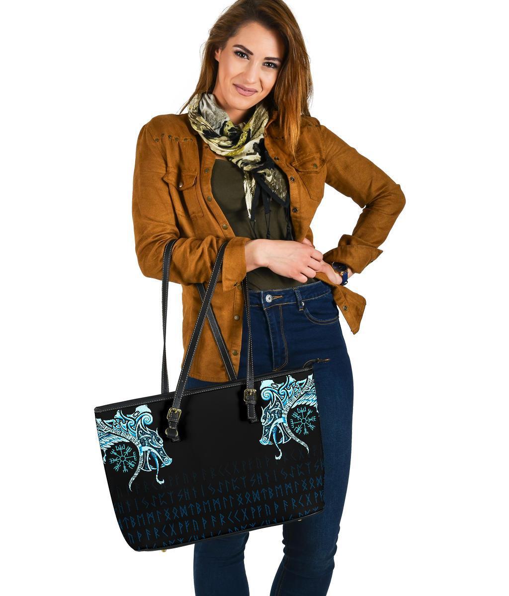Viking Large Leather Tote, Fenrir Raven and Vegvisir Tattoo Cyan RLT12