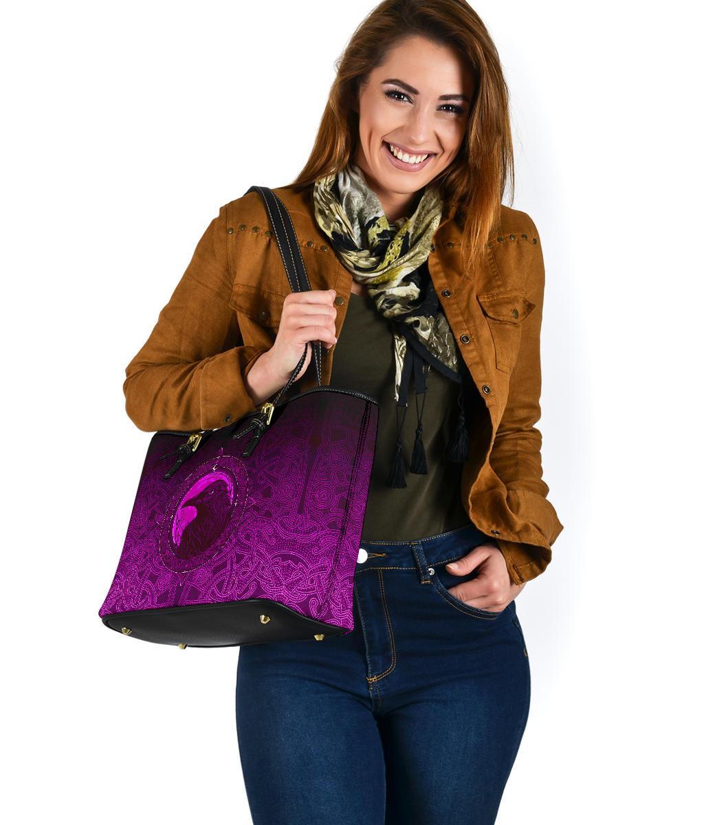 Viking Small Leather Tote Bag, Ethnic Odin Raven Pink RLT12