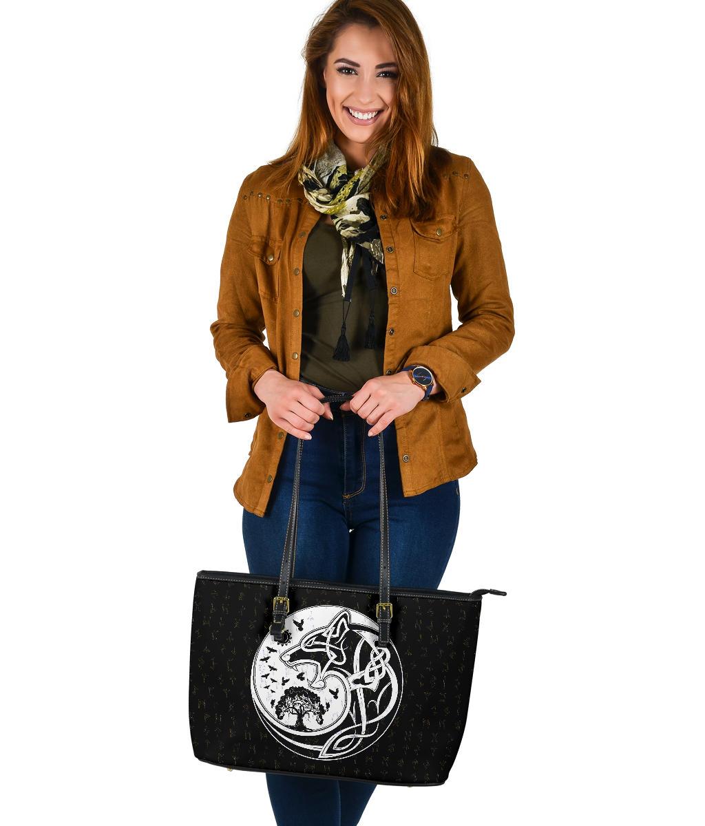 Viking Large Leather Tote Bag, Skoll and Hati Rune Tattoo RLT12