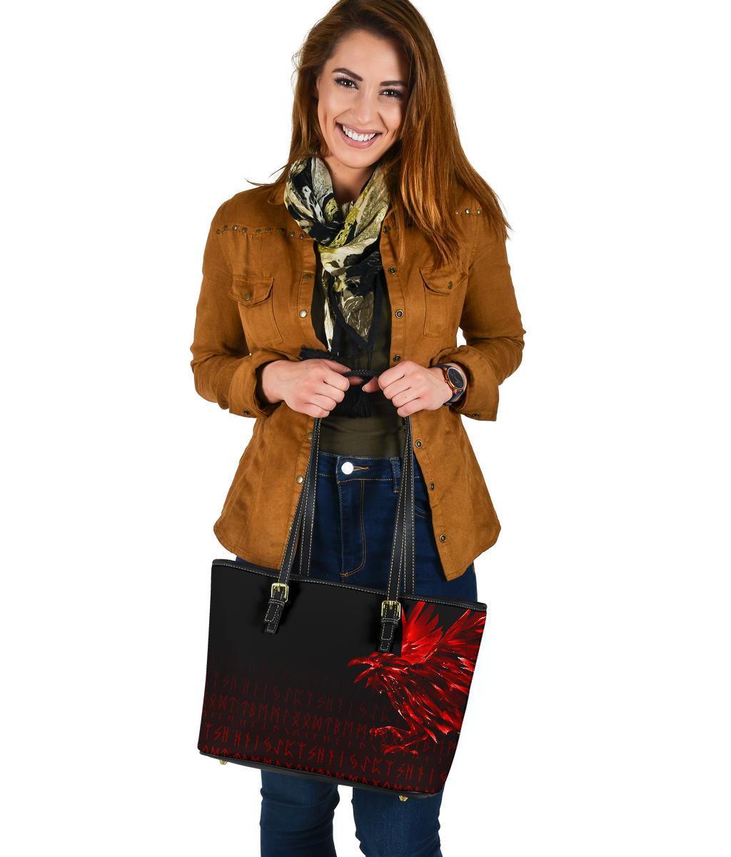 Viking Small Leather Tote Bag - The Raven Of Odin Rune, Red RLT12