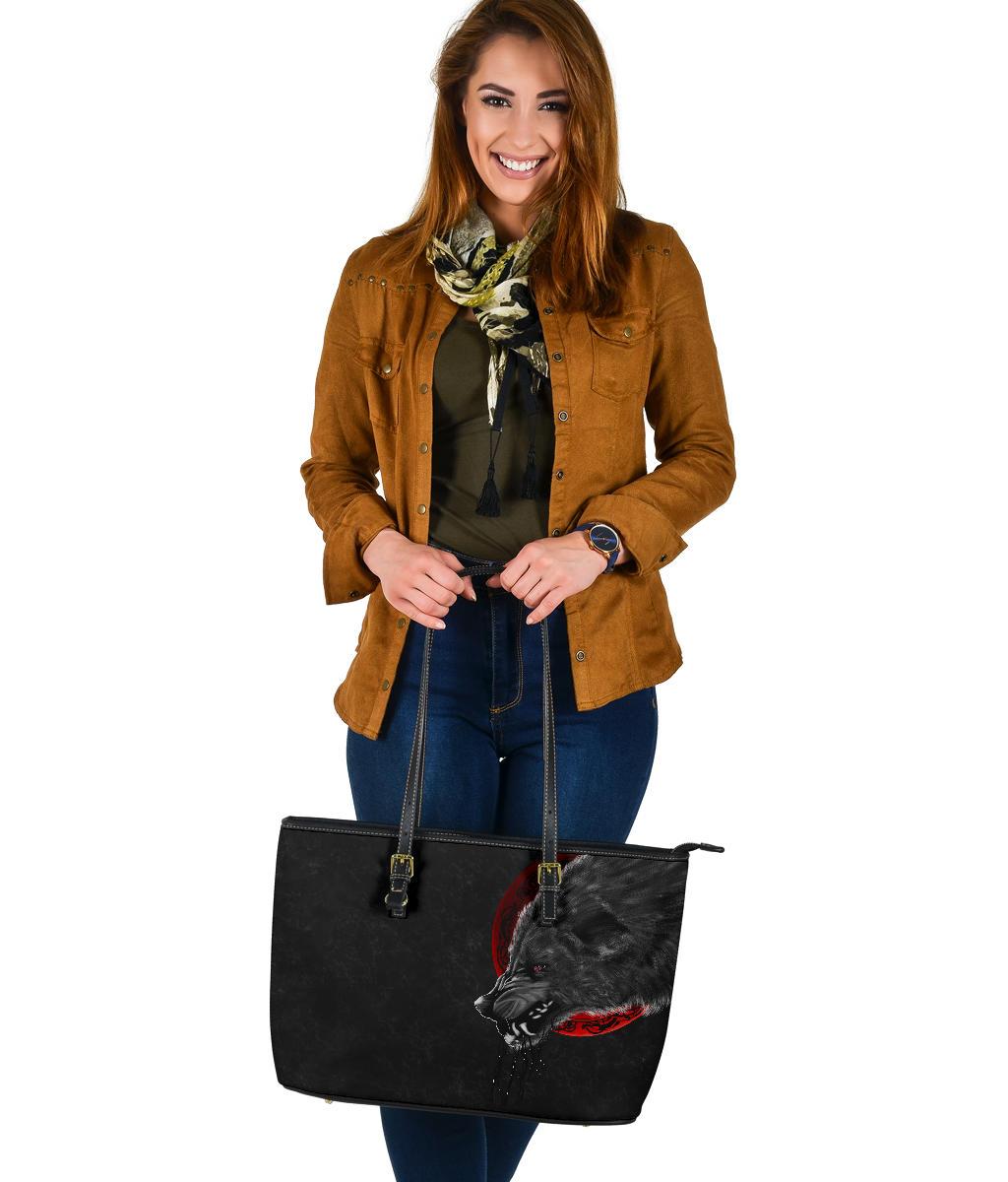 Viking Large Leather Tote Wolf and Blood Moon RLT12