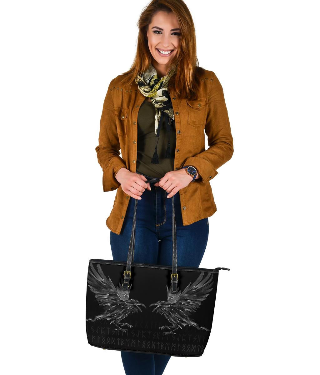 Viking Large Leather Tote Bag Odin Huginn and Muninn Rune RLT12