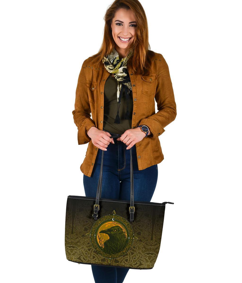 Viking Large Leather Tote Bag, Ethnic Odin Raven Gold RLT12