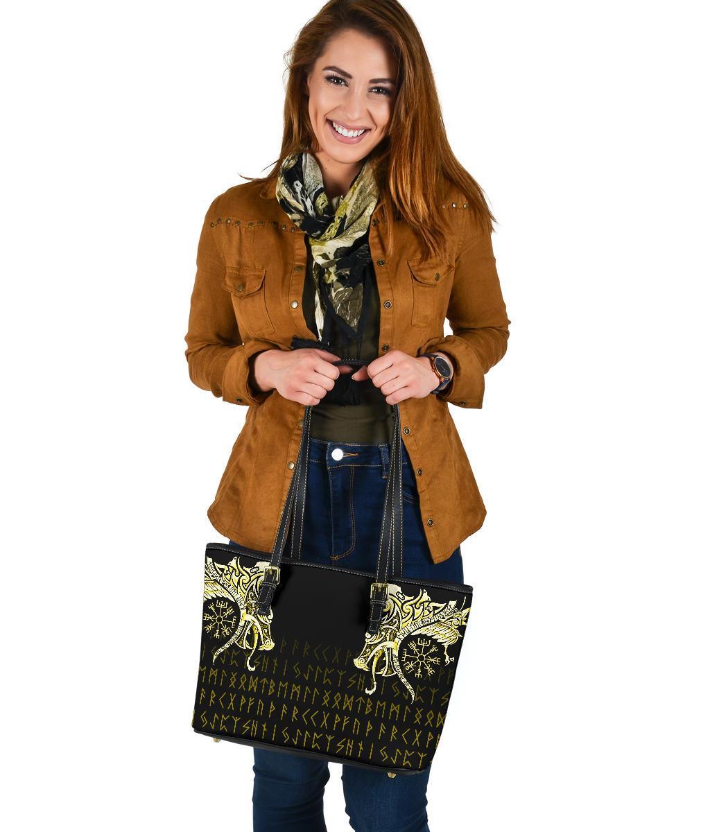 Viking Small Leather Tote, Fenrir Raven and Vegvisir Tattoo Yellow RLT12
