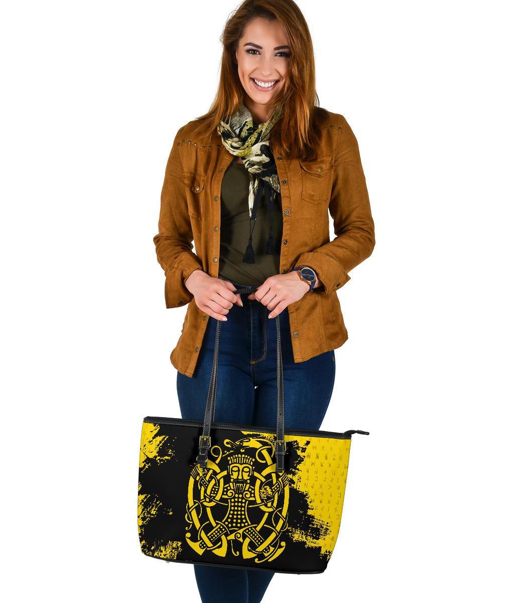 Viking Large Leather Tote Bag, Loki Bound Triskele Rune Gold RLT12