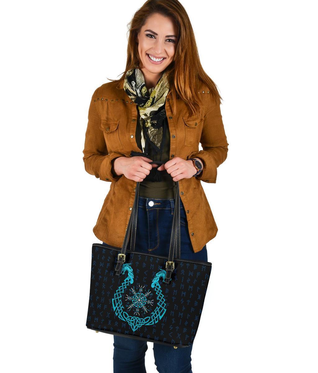 Viking Small Leather Tote Bag, Aegishjalmur Helm Of Awe Blue Edition RLT12