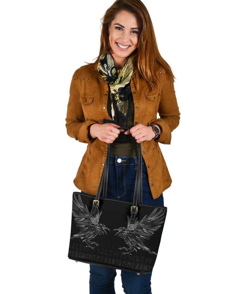 Viking Small Leather Tote Bag - Odin Huginn and Muninn Rune RLT12