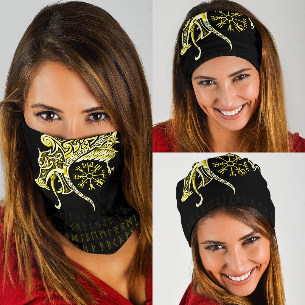 Viking Neck Gaiter 3 Pack, Fenrir Raven and Vegvisir Tattoo Yellow RLT12