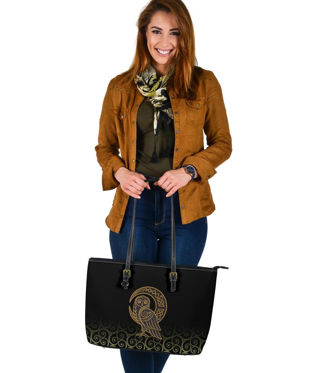 Viking Large Leather Tote Owl Celtic On Triskels Background RLT12