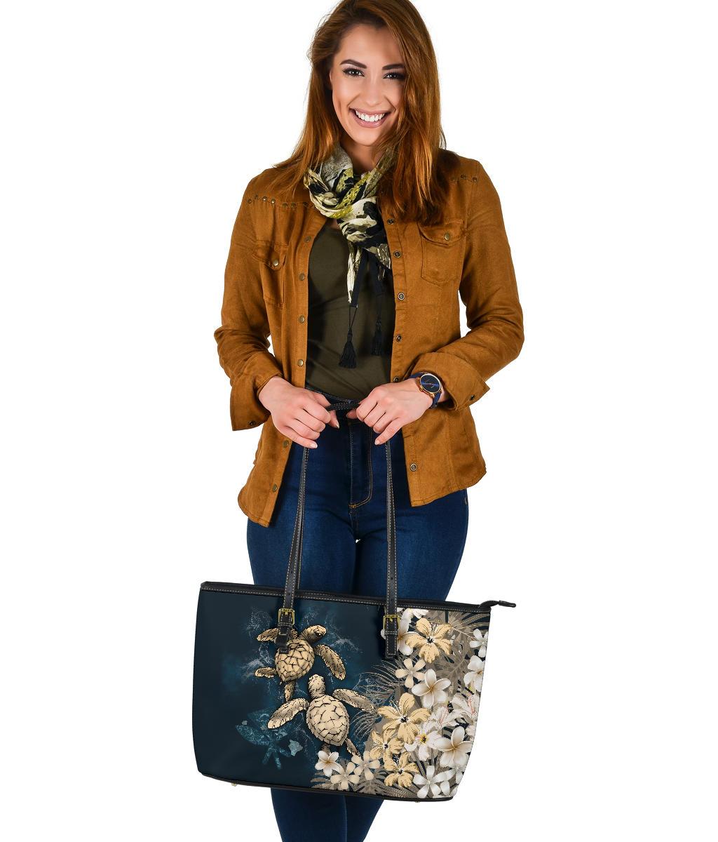 Kanaka Maoli (Hawaiian) Leather Tote - Sea Turtle Tropical Hibiscus and Plumeria Gold