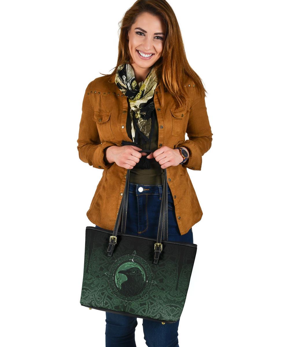 Viking Small Leather Tote Bag, Ethnic Odin Raven Green RLT12
