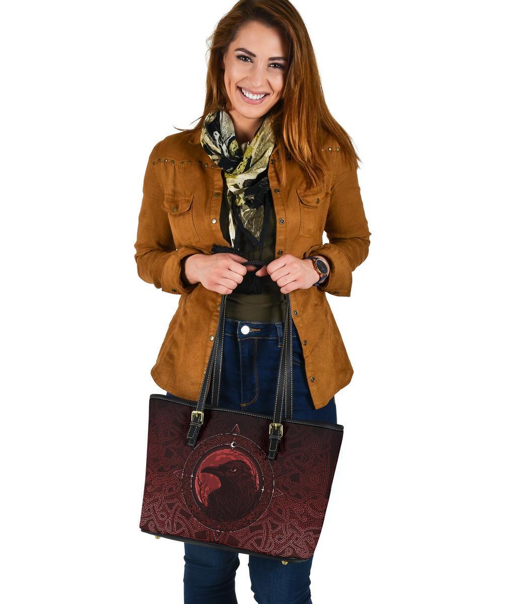 Viking Small Leather Tote Bag, Ethnic Odin Raven Red RLT12