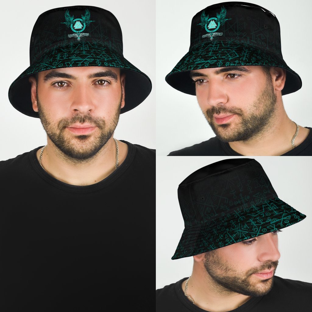 Viking Bucket Hat Three Raven and Valknut Cyan RLT12