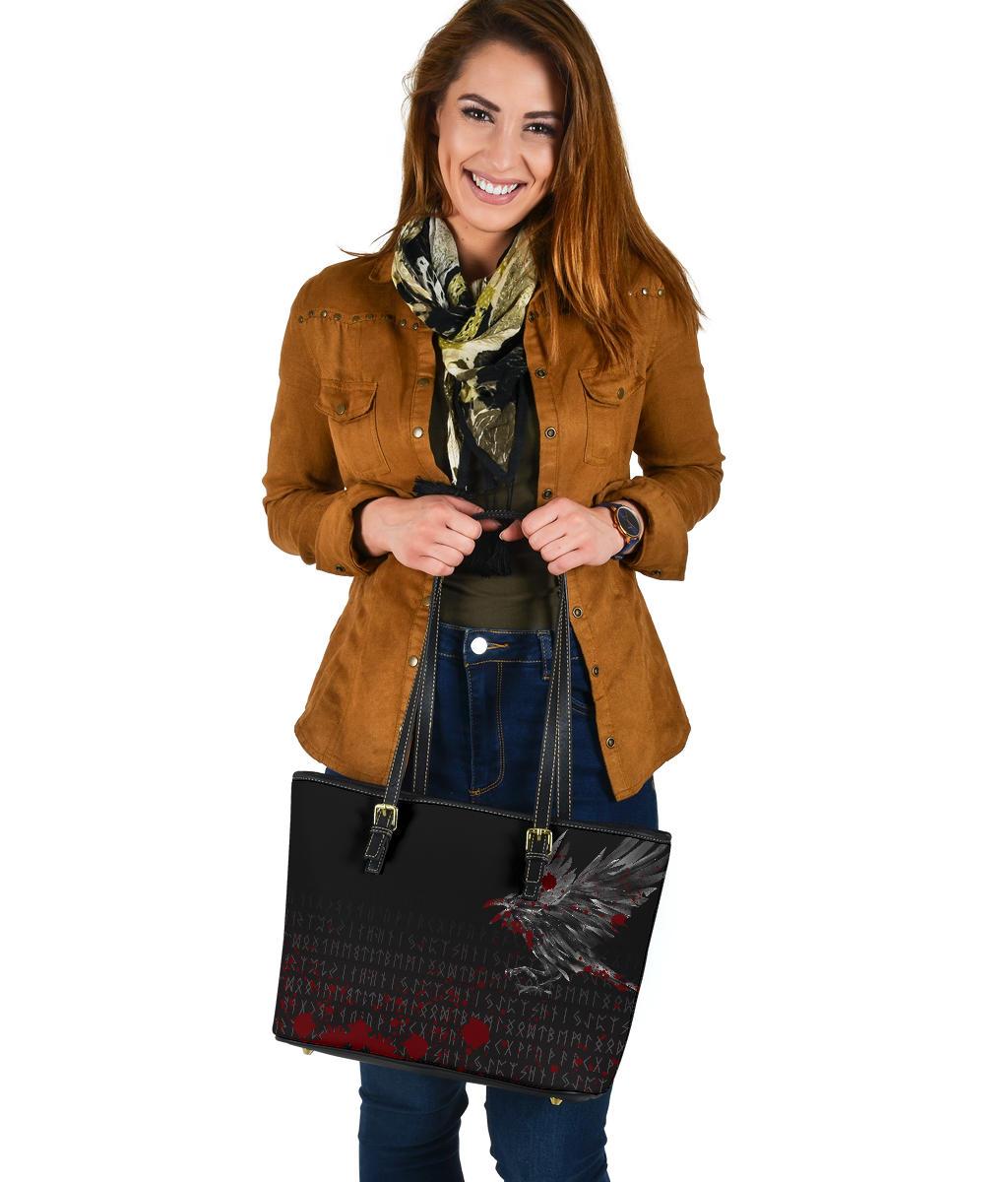 Viking Small Leather Tote Bag - The Raven Of Odin Rune Blood RLT12