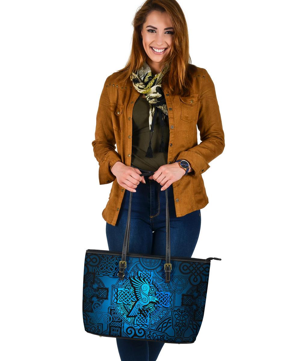 Viking Large Leather Tote Raven Odin Celtic Cyan RLT12