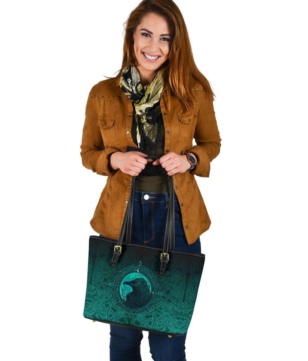 Viking Small Leather Tote Bag, Ethnic Odin Raven Cyan RLT12
