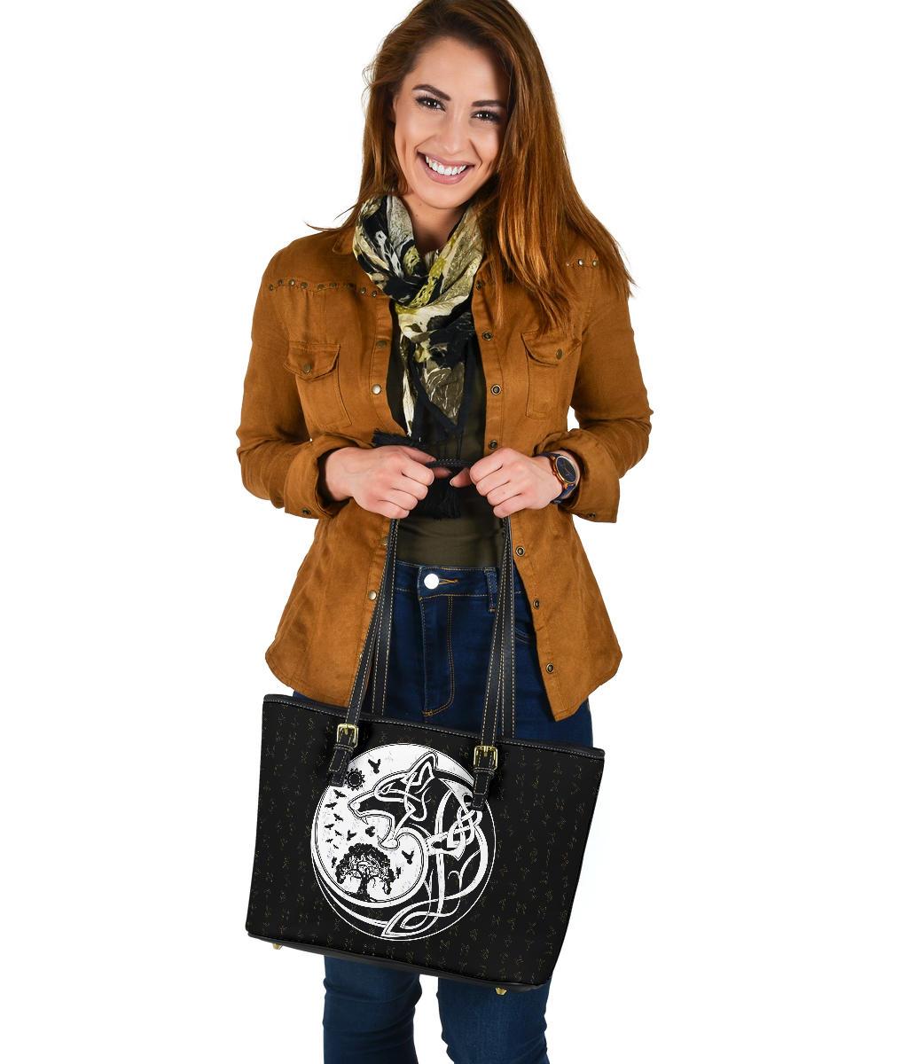 Viking Small Leather Tote Bag, Skoll and Hati Rune Tattoo RLT12