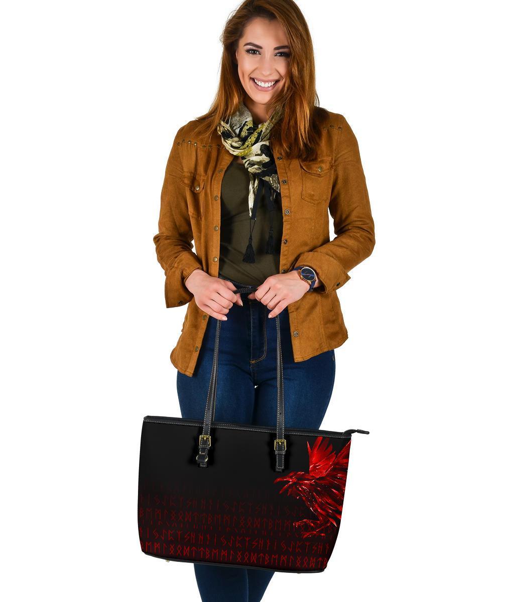 Viking Large Leather Tote Bag The Raven Of Odin Rune, Red RLT12