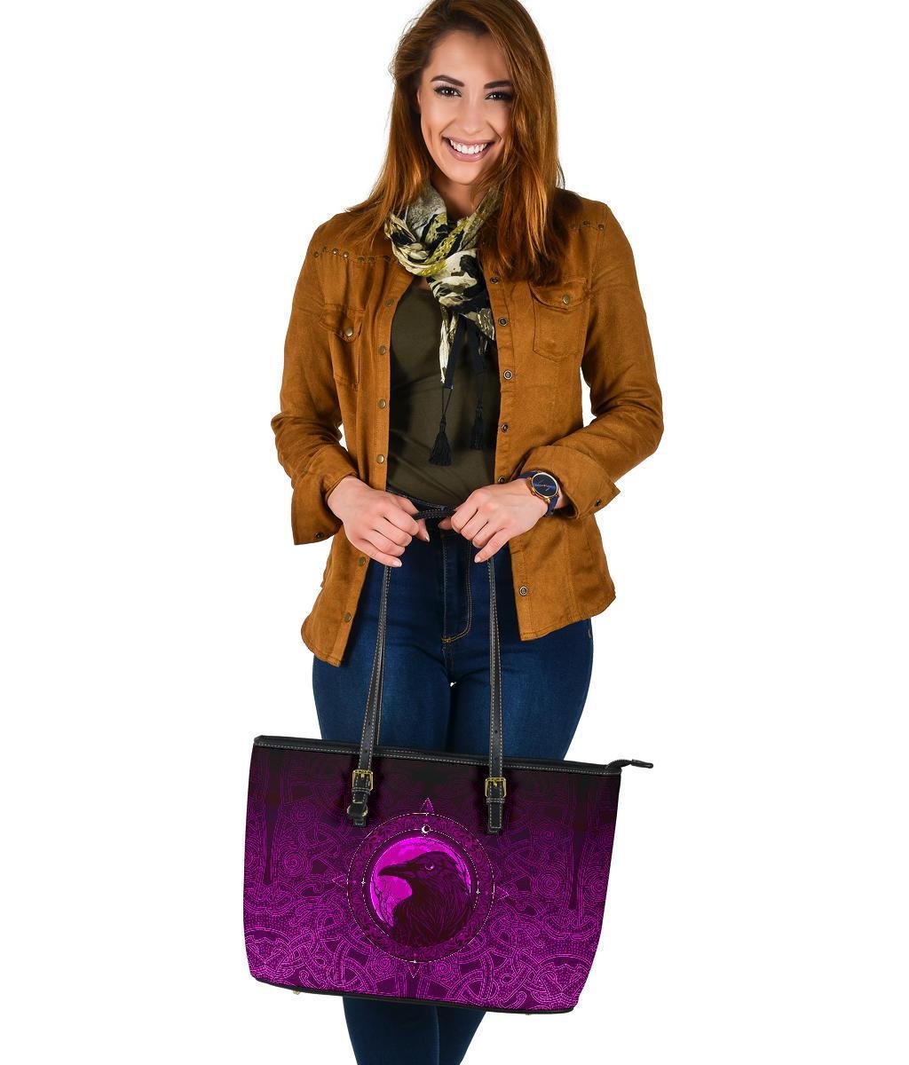 Viking Large Leather Tote Bag, Ethnic Odin Raven Pink RLT12