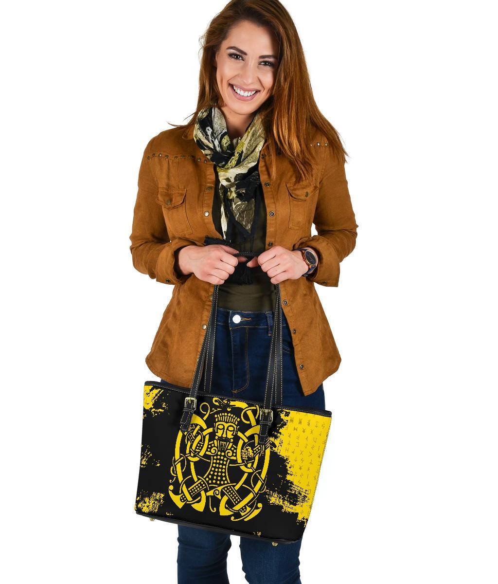 Viking Small Leather Tote Bag, Loki Bound Triskele Rune Gold RLT12